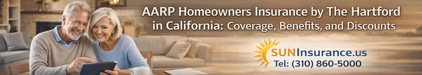 Senior couple reviewing AARP Homeowners Insurance by The Hartford coverage and discounts for homeowners in California