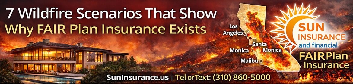 California FAIR Plan Insurance: 7 Wildfire Scenarios That Show Why It Exists California FAIR Plan wildfire insurance banner showing a luxury hillside home threatened by wildfire near Los Angeles, Beverly Hills, Santa Monica, and West Hollywood with coverage help from SunInsurance.us