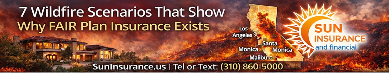 California FAIR Plan Insurance: 7 Wildfire Scenarios That Show Why It Exists California FAIR Plan insurance banner showing wildfire risk near luxury homes in Los Angeles Beverly Hills Santa Monica and West Hollywood
