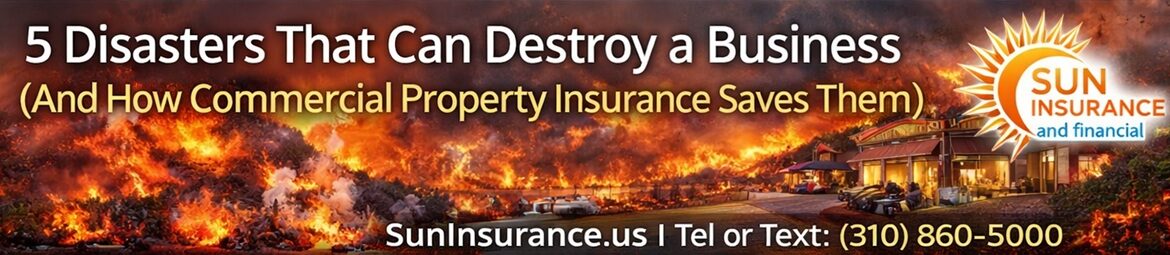 Commercial Property Insurance California: 5 Disasters That Can Destroy a Business and How Coverage Saves It Commercial property insurance California banner showing wildfire threatening a business building in Los Angeles, Beverly Hills, Santa Monica, and West Hollywood with protection from SunInsurance.us