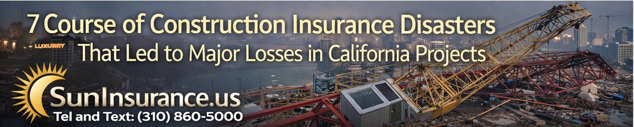 Course of Construction insurance California banner showing crane accident at construction site representing builder’s risk protection for projects in Los Angeles, Santa Monica, Beverly Hills, and West Hollywood.