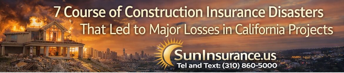 Course of Construction insurance California banner showing a construction site fire risk highlighting insurance protection for projects in Los Angeles, Beverly Hills, Santa Monica, and West Hollywood.