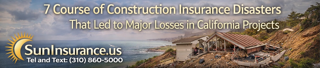 Course of Construction insurance California banner showing landslide damage to hillside construction property in California near Beverly Hills, Santa Monica, Los Angeles, and West Hollywood.