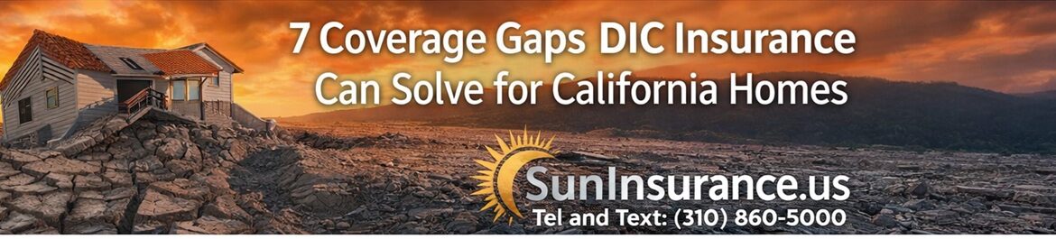 DIC insurance California banner showing a damaged home after earth movement illustrating coverage gaps for homeowners in Los Angeles, Beverly Hills, Santa Monica, and West Hollywood.