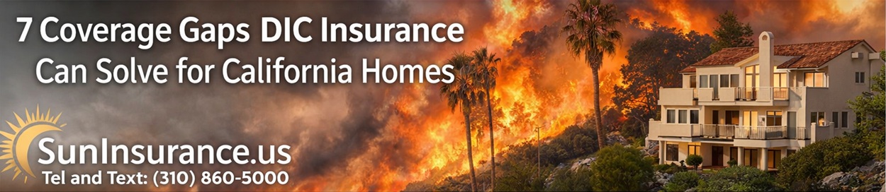 Wildfire threatening luxury homes in California illustrating why homeowners in Santa Monica, Los Angeles, Beverly Hills, and West Hollywood need DIC insurance coverage.