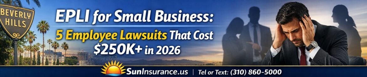 EPLI insurance California banner showing employee lawsuit risk for small businesses in Beverly Hills, Los Angeles, Santa Monica, West Hollywood and Southern California