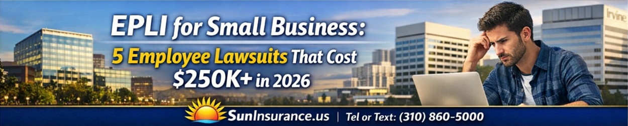 EPLI insurance California banner showing stressed business owner and employee lawsuit risk in Irvine, Santa Monica, Los Angeles, Beverly Hills, West Hollywood and Southern California