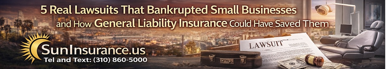 General Liability Insurance: 5 Lawsuits That Bankrupted Small Businesses—Don’t Let Your Business Be Next General liability insurance California banner showing legal documents, lawsuit claims, and financial risk protection for small businesses in California