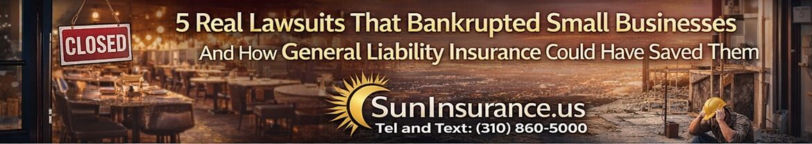 General Liability Insurance: 5 Lawsuits That Bankrupted Small Businesses—Don’t Let Your Business Be Next General liability insurance California banner showing small business lawsuit risk in Los Angeles restaurant with customer injury scenario and legal exposure