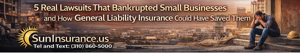 General Liability Insurance: 5 Lawsuits That Bankrupted Small Businesses—Don’t Let Your Business Be Next General liability insurance California banner showing stressed small business owner facing lawsuit documents and legal claims in Los Angeles California