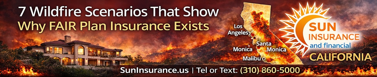 California FAIR Plan Insurance: 7 Wildfire Scenarios That Show Why It Exists Wildfire approaching hillside homes illustrating California FAIR Plan property insurance protection for Los Angeles Beverly Hills Santa Monica and West Hollywood