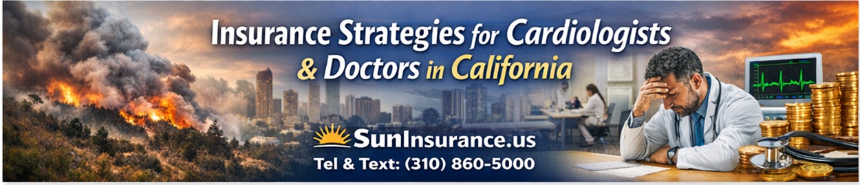 Insurance Strategies for Cardiologists and Physicians in California:: Protecting Your Practice, Income, and Assets Business interruption insurance California banner showing wildfire risk and financial stress for doctors in Malibu, Los Angeles, Torrance, and Southern California