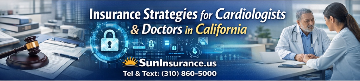 Insurance Strategies for Cardiologists and Physicians in California:: Protecting Your Practice, Income, and Assets Medical office insurance California banner with cyber security and legal themes for doctors in Irvine, Pasadena, Glendale, Santa Ana, and Southern California